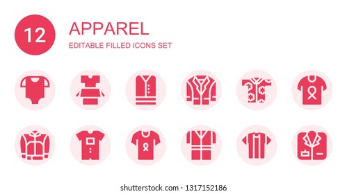 apparel icon set. Collection of 12 filled apparel icons included Baby clothes, Clothes, Jacket, Shirt, Tshirt, Coat