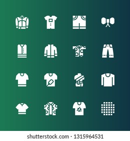 apparel icon set. Collection of 16 filled apparel icons included Cloth, Shirt, Tshirt, Clothes, Trousers, Jacket, Tie, Pants, Baby clothes