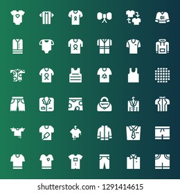 apparel icon set. Collection of 36 filled apparel icons included Pants, Shirt, Trousers, Baby clothes, Tshirt, Shorts, Tie, Jacket, Clothes, Clothes hanger, Handbag, Short, Coat