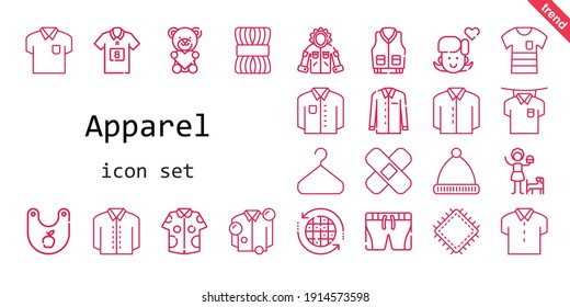 Apparel Icon Set. Line Icon Style. Apparel Related Icons Such As Patch, Earth Grid, Football Jersey, Wool, Shirt, Winter Hat, Jacket, Bib, Teddy Bear, Girl, Shorts, Hanger