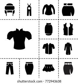 Apparel icons. set of 13 editable filled apparel icons such as blouse, skirt, winter hat, jacket, sleeveless shirt, pants
