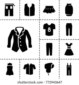 Apparel icons. set of 13 editable filled apparel icons such as sleeveless shirt, pants, jumpsuit, skirt, football t shirt, dress, jacket