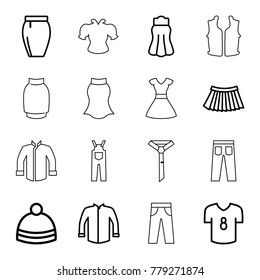 Apparel icons. set of 16 editable outline apparel icons such as jacket, skirt, winter hat, football t shirt, dress, blouse, sleeveless shirt, pants, jumpsuit