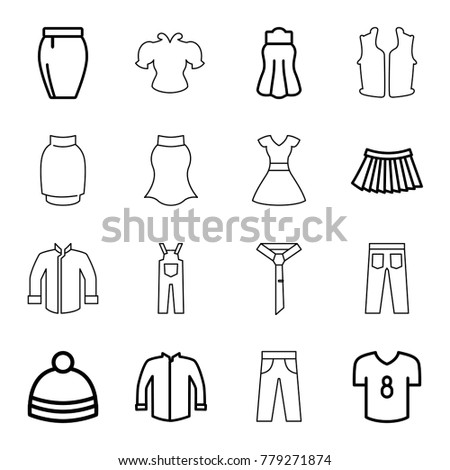 Apparel icons. set of 16 editable outline apparel icons such as jacket, skirt, winter hat, football t shirt, dress, blouse, sleeveless shirt, pants, jumpsuit