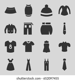 Apparel icons set. set of 16 apparel filled icons such as dress, blouse, pants, jumpsuit, skirt, winter hat, jacket, tie, football t shirt