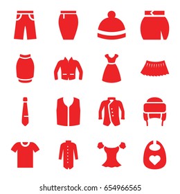 Apparel icons set. set of 16 apparel filled icons such as baby bid, dress, blouse, sleeveless shirt, pants, skirt, winter hat, jacket, tie