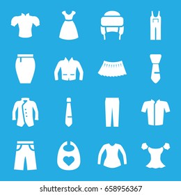 Apparel icons set. set of 16 apparel filled icons such as baby bid, dress, jacket, blouse, pants, jumpsuit, skirt, winter hat