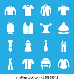 Apparel icons set. set of 16 apparel filled icons such as jacket, blouse, sleeveless shirt, jumpsuit, skirt, winter hat, tie