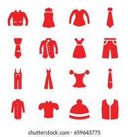 Apparel icons set. set of 16 apparel filled icons such as dress, blouse, sleeveless shirt, pants, jumpsuit, skirt, winter hat, jacket