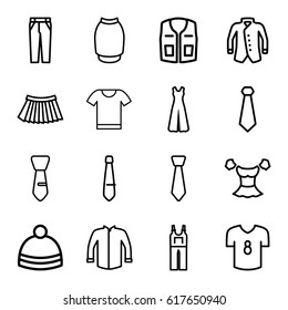 Apparel icons set. set of 16 apparel outline icons such as jacket, blouse, sleeveless shirt, jumpsuit, pants, skirt, winter hat, tie, t-shirt