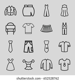 Apparel icons set. set of 16 apparel outline icons such as dress, jacket, blouse, pants, jumpsuit, skirt, winter hat, tie, t-shirt