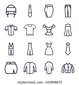 Apparel icons set. set of 16 apparel outline icons such as dress, jacket, blouse, jumpsuit, pants, skirt, winter hat, tie