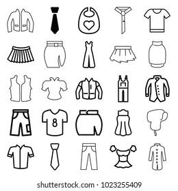 Apparel icons. set of 25 editable outline apparel icons such as tie, baby bid, jacket, blouse, pants, jumpsuit, skirt, football t shirt, t-shirt, sleeveless shirt