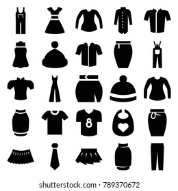 Apparel icons. set of 25 editable filled apparel icons such as baby bid, jacket, blouse, jumpsuit, pants, skirt, winter hat, tie, football t shirt, t-shirt