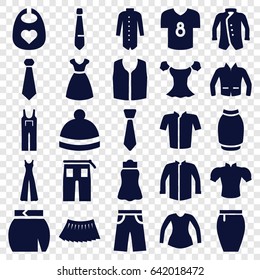 Apparel icons set. set of 25 apparel filled icons such as baby bid, dress, jacket, blouse, sleeveless shirt, pants, jumpsuit, skirt, winter hat, tie