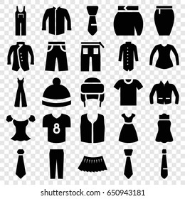 Apparel icons set. set of 25 apparel filled icons such as dress, jacket, blouse, sleeveless shirt, pants, jumpsuit, skirt, winter hat, tie, football t shirt
