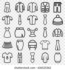 Apparel icons set. set of 25 apparel outline icons such as dress, jacket, blouse, sleeveless shirt, pants, jumpsuit, skirt, winter hat, tie, t-shirt