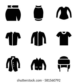 apparel icons set. Set of 9 apparel filled icons such as jacket, blouse, skirt, winter hat