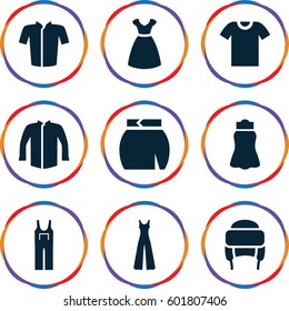 apparel icons set. Set of 9 apparel filled icons such as dress, jacket, jumpsuit, skirt, winter hat