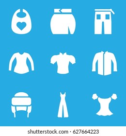 Apparel icons set. set of 9 apparel filled icons such as baby bid, jacket, blouse, pants, jumpsuit, skirt