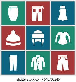 Apparel icons set. set of 9 apparel filled icons such as blouse, pants, skirt, winter hat