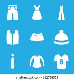 Apparel icons set. set of 9 apparel filled icons such as dress, blouse, sleeveless shirt, pants, jumpsuit, skirt, winter hat, tie