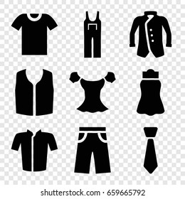 Apparel icons set. set of 9 apparel filled icons such as jacket, blouse, sleeveless shirt, pants, jumpsuit, skirt, tie