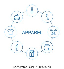 apparel icons. Trendy 8 apparel icons. Contain icons such as tie, pants, jumpsuit, winter hat, skirt, t shirt, blouse. apparel icon for web and mobile.