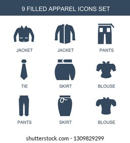 apparel icons. Trendy 9 apparel icons. Contain icons such as jacket, pants, tie, skirt, blouse. apparel icon for web and mobile.
