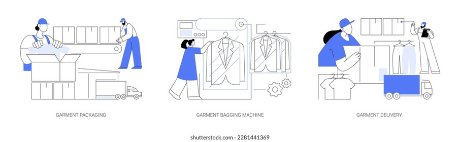 Apparel manufacturing abstract concept vector illustration set. Garment packaging, bagging machine, apparel delivery, light industry factory, loading boxes and vehicle shipping abstract metaphor.