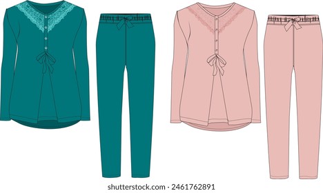 Apparel maternity pajamas technical sketch. Ladies cotton blouses and pants. Ladies outline nighwear design template. Front and back view. CAD fashion vector