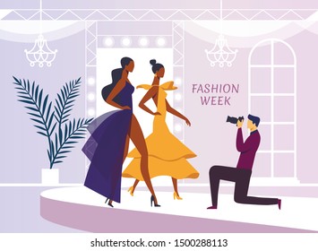 Apparel Model Photoshoot Flat Vector Illustration. Cameraman Ladies in Evening Gowns Cartoon Characters. Photographer Profession, Man with Camera Taking Photo. Women Fashion Show Shooting