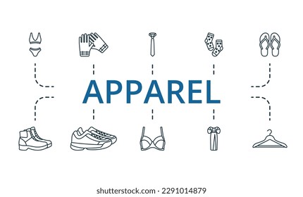 Apparel outline set. Creative icons: underwear, gloves, necktie, socks, beach slippers, boot, sport shoes, bra, dress, hanger.