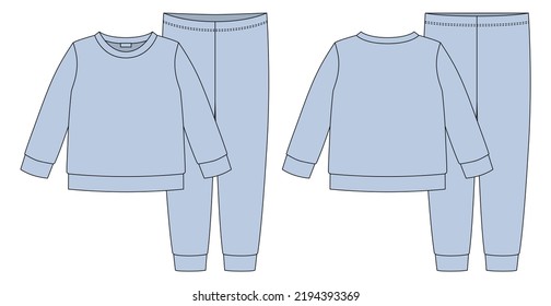 Apparel pajamas technical sketch. Blue color. Childrens cotton sweatshirt and pants. Kids outline nighwear design template. Front and back view. CAD fashion vector illustration