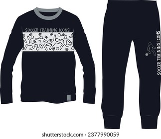 Apparel pajamas technical sketch. Childrens cotton sweatshirt and pants. Kids outline nightwear design template. Front view. CAD fashion vector illustration