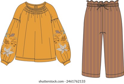 Boceto técnico de pijama de vestir. Sudadera y pantalones de algodón para niños. Los niños perfilan la Plantilla de diseño de ropa nocturna. Vista frontal y posterior. VECTOR de moda CAD