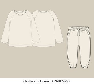 Apparel pajamas technical sketch. Childrens cotton sweatshirt and pants. Fashion vector