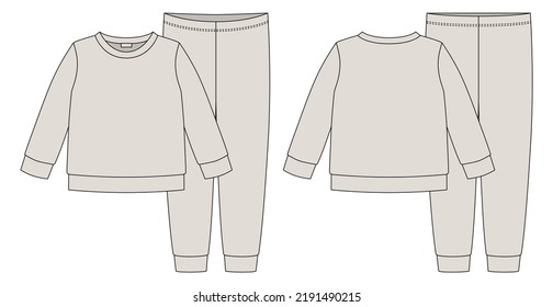 Apparel pajamas technical sketch. Grey color. Childrens cotton sweatshirt and pants. Kids outline nighwear design template. Front and back view. CAD fashion vector illustration