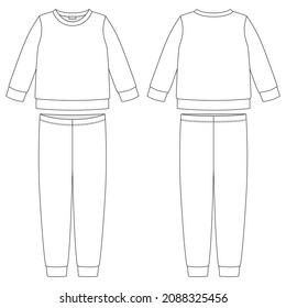 Apparel pajamas technical sketch. Kids outline nighwear design template isolated on white background. Childrens cotton sweatshirt and pants. Front and back view. CAD fashion vector illustration