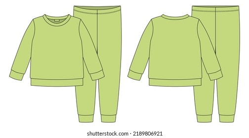 Apparel pajamas technical sketch. light green color. Childrens cotton sweatshirt and pants. Kids outline nighwear design template. Front and back view. CAD fashion vector illustration