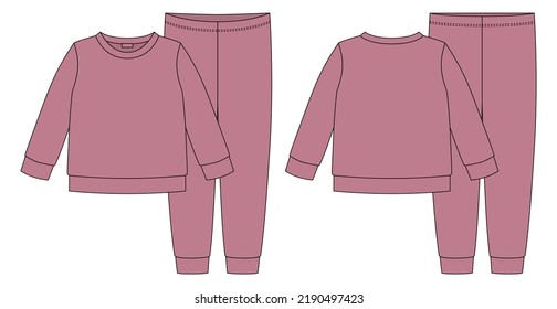 Apparel pajamas technical sketch. Rose pudra color. Childrens cotton sweatshirt and pants. Kids outline nighwear design template. Front and back view. CAD fashion vector illustration