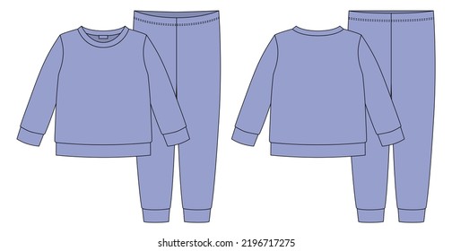 Apparel pajamas technical sketch. Violet color. Childrens cotton sweatshirt and pants. Kids outline nighwear design template. Front and back view. CAD fashion vector illustration