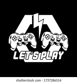 Apparel print design for gamers, cyber sportsmen's and geek culture with two gamepad joystick for play arcade video games and with inscription "Let's play". Mascot logo design vector illustration.