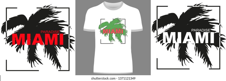 Apparel print design on the theme of "Miami paradise" with palm trees silhouettes. Authentic stamp and t-shirt mockup. Sport typography, graphics, poster, banner, flyer, postcard. Vector illustration.
