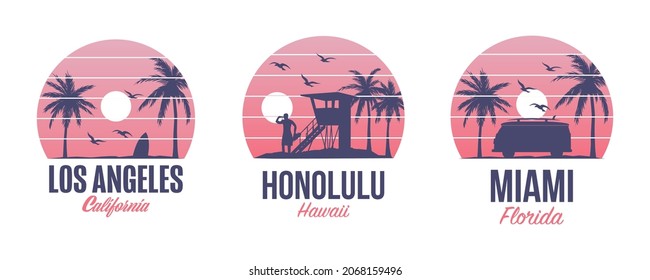 Bekleidungsdrucke für T-Shirt. Template-Grafiken mit Palmen und Sonnenuntergang, Gute Bilder in Miami, Los Angeles und Honolulu , Summer Designs in Vektorgrafiken. Baywatch, Surfing und VW Camper van