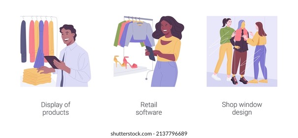 Apparel Retailer Isolated Cartoon Vector Illustrations Set. Merchandiser Display Products, Salesperson Use Retail Software On Tablet, Store Inventory Management, Shop Window Design Vector Cartoon.