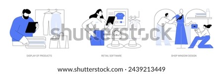 Apparel retailer isolated cartoon vector illustrations set. Merchandiser display products, salesperson use retail software on tablet, store inventory management, shop window design vector cartoon.