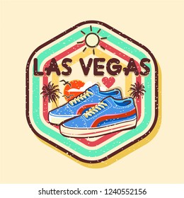 For apparel romantic and sport Las Vegas objects, roulette element, sneakers and equipment for youth decorative song. Texture speaking about love winners. Summer slogan retro shirt vector illustration