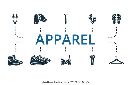 Apparel set. Creative icons: underwear, gloves, necktie, socks, beach slippers, boot, sport shoes, bra, dress, hanger.