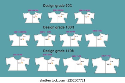 Nähmuster für Kleidung mit Brustdruck-Design-Position Messdetails Vektorgrafik-Frontansichten.
